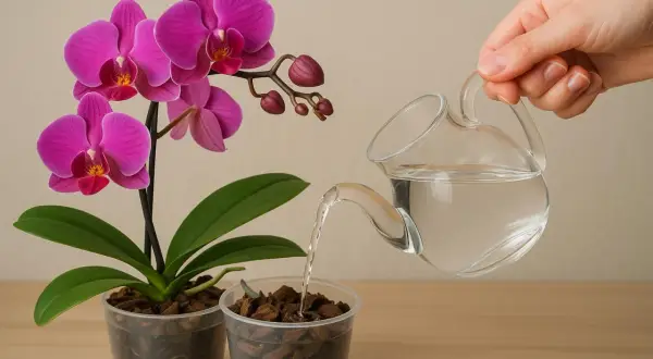 Eine Hand gießt Wasser über eine wunderschöne lila Orchidee. Die Orchideen in Wasser halten ist wichtig für ihre Pflege.