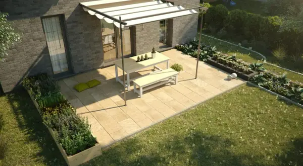 Moderne terasse gestalten mit Pergola, Tisch, Bank und Hochbeeten. Sonnige Oase mit Pflanzen und Rasen.