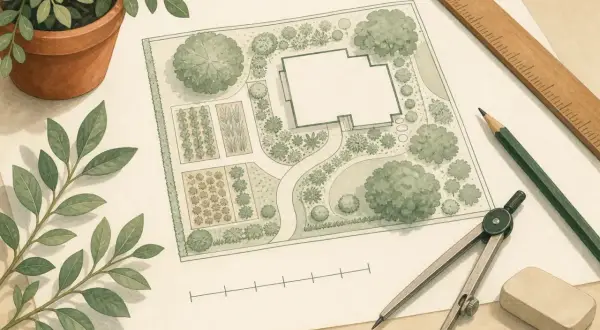 Ein detaillierter Plan, um einen Garten zu zeichnen, mit Haus, Beeten, Bäumen und Wegen. Werkzeuge wie Zirkel, Bleistift und Lineal liegen bereit.