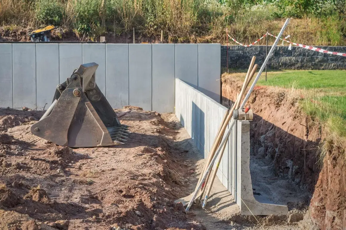 Baggerlöffel und Werkzeuge liegen bereit. Die Bauarbeiter sind dabei, l steine setzen für eine neue Mauer.