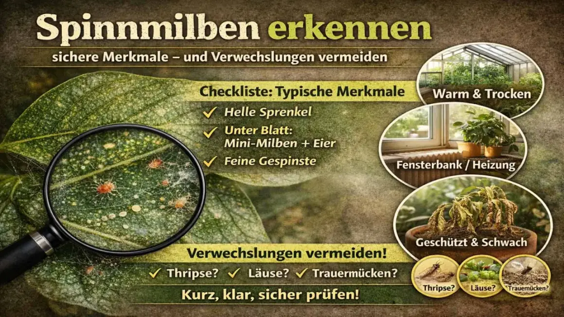Spinnmilben erkennen: Helle Sprenkel, Mini-Milben & Eier unter dem Blatt, feine Gespinste. Vermeide Verwechslungen mit Thripsen, Läusen, Trauermücken.