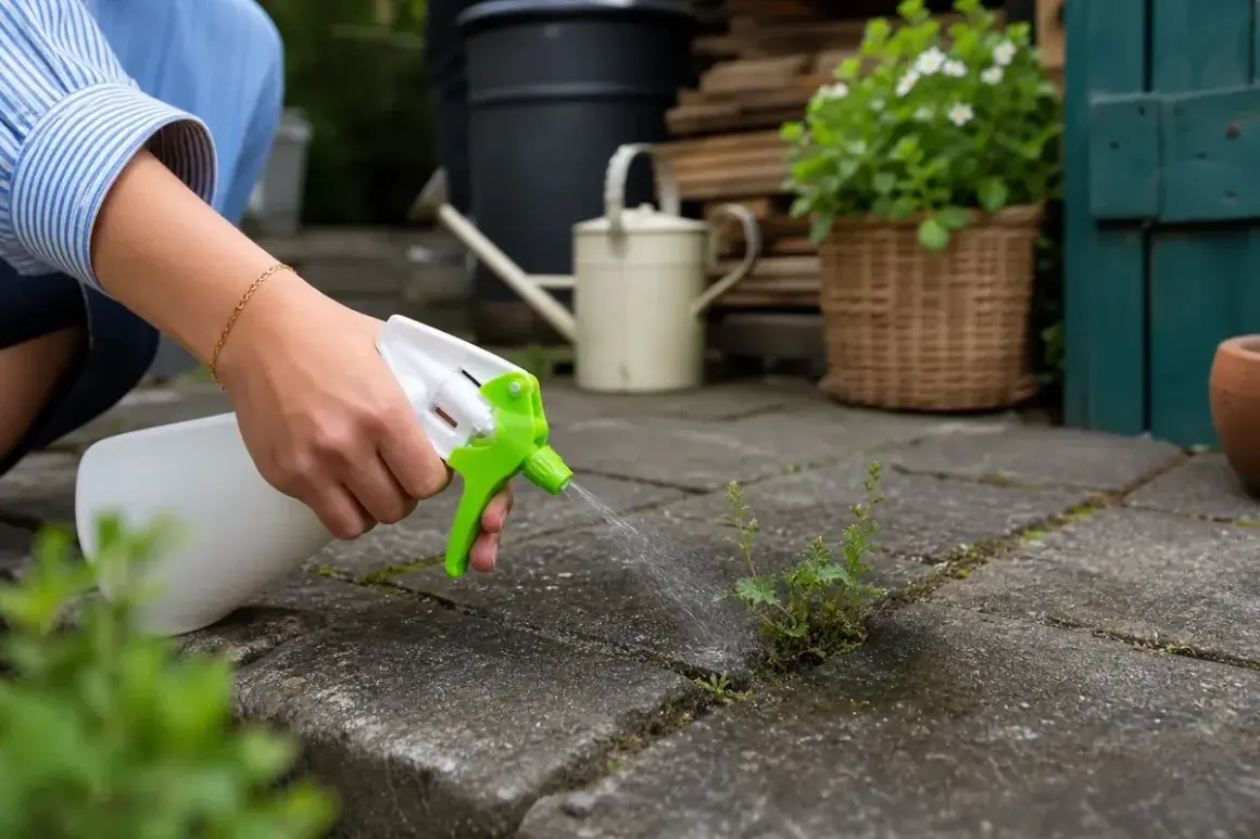 Mit einem Sprühflasche wird Unkraut in Fugen entfernt.