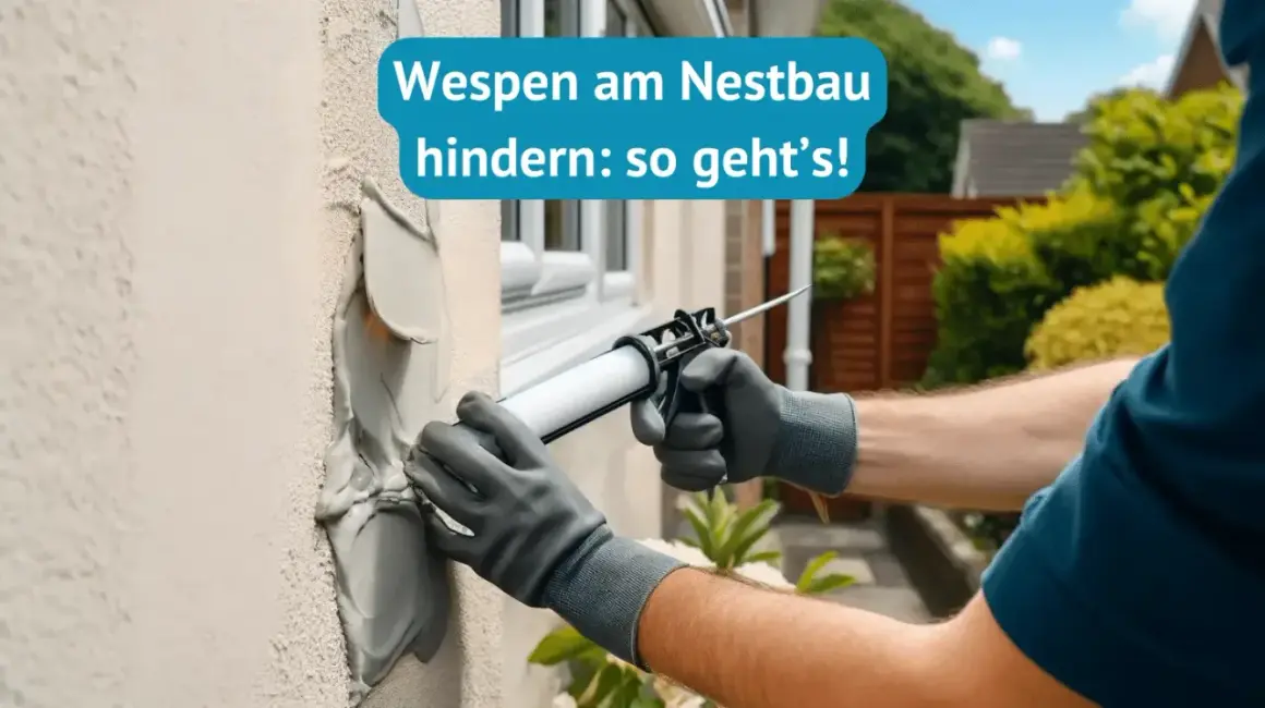 Person dichtet Risse am Haus ab, um Wespen am Nestbau zu hindern.