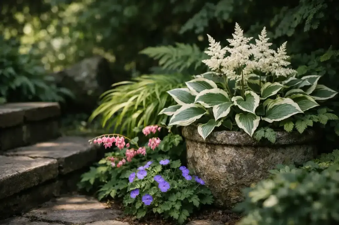 Ein idyllischer staudengarten anlegen: Hosta, Astilbe und Storchschnabel blühen neben einer Steintreppe.