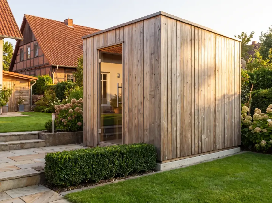 Moderne Gartensauna aus Holz mit Glasfront, ein Traum für jeden, der seine eigene Gartensauna selber bauen möchte.