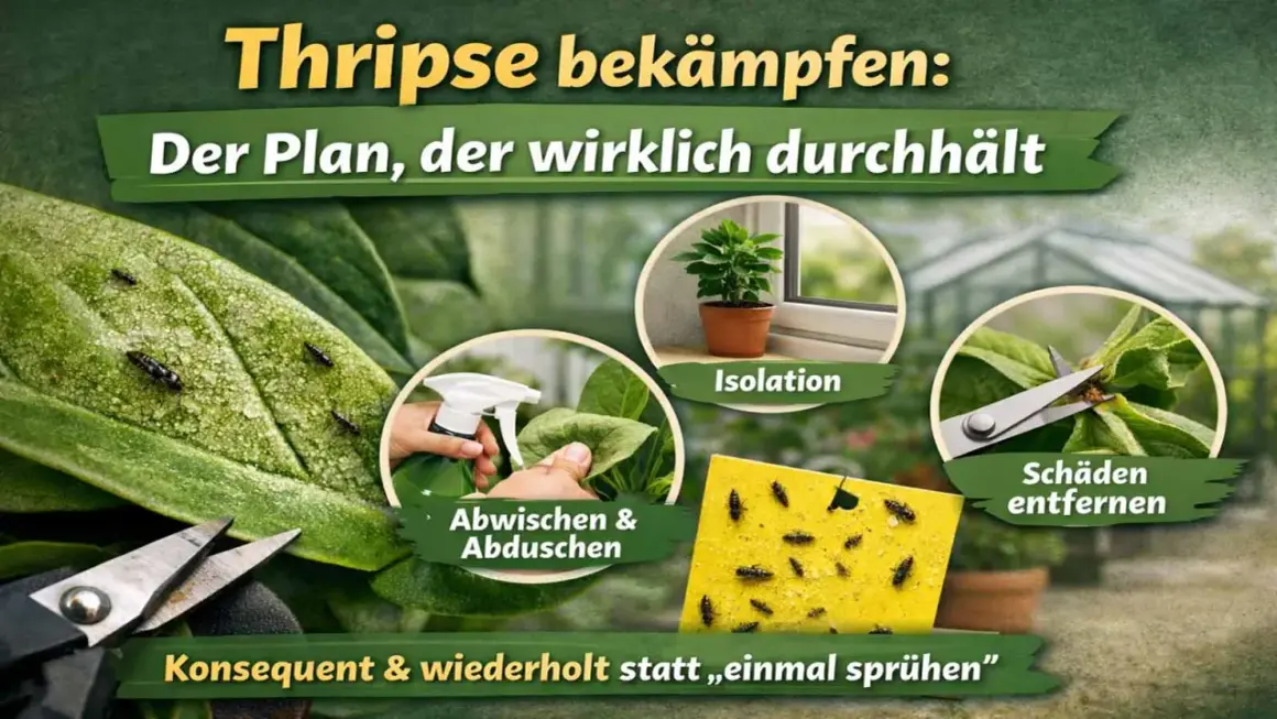 Thripse bekämpfen: Isolation, Abwischen, Schäden entfernen. Konsequente Maßnahmen sind das beste Hausmittel gegen Thripse.
