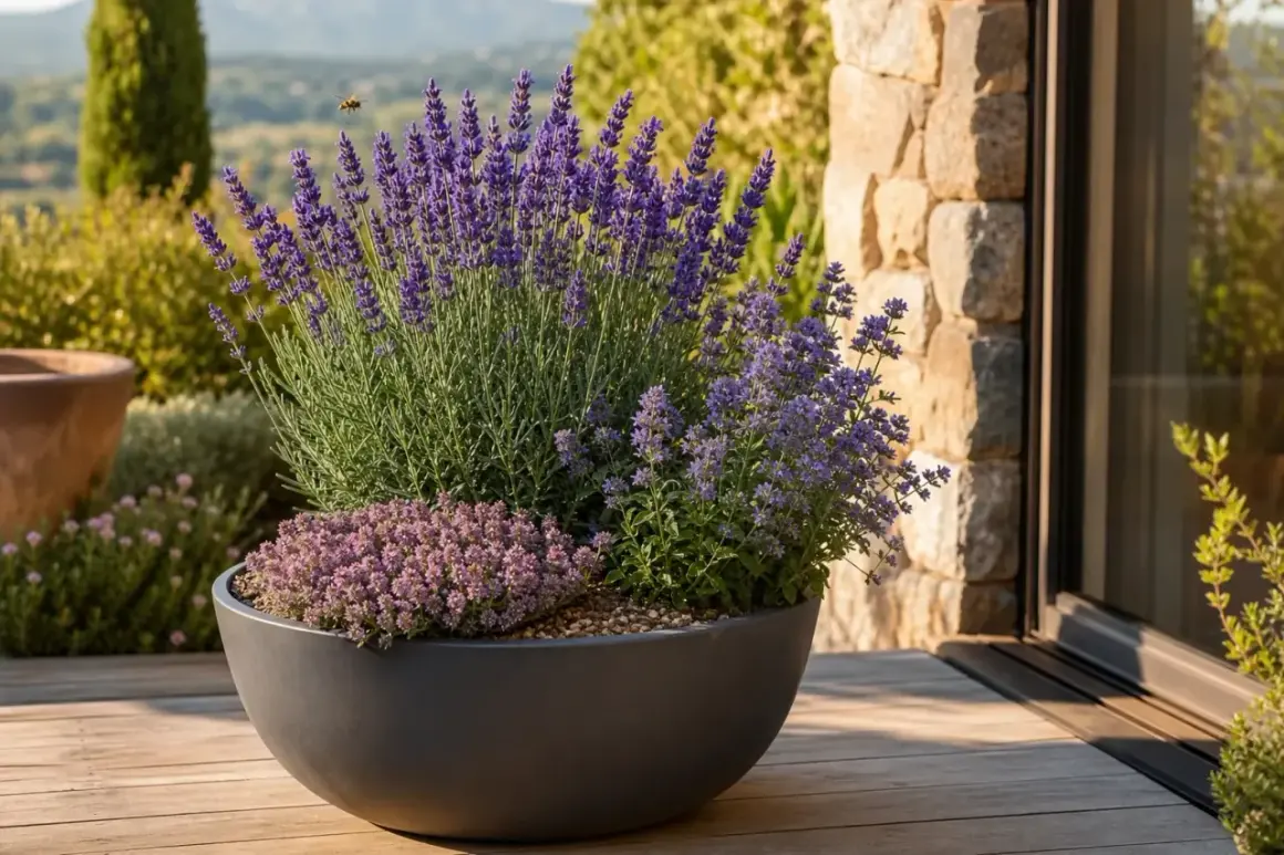 Ein großer grauer Topf mit duftendem Lavendel und Thymian steht auf einer Holzterrasse. Die lavendel erde blüht prächtig, eine Biene summt vorbei.