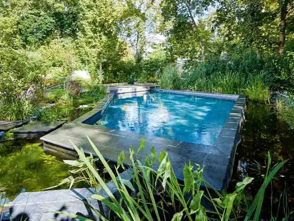 Ein moderner Gartenpool mit integriertem Teich und üppiger Bepflanzung. Tolle gartenpool ideen für eine natürliche Oase.