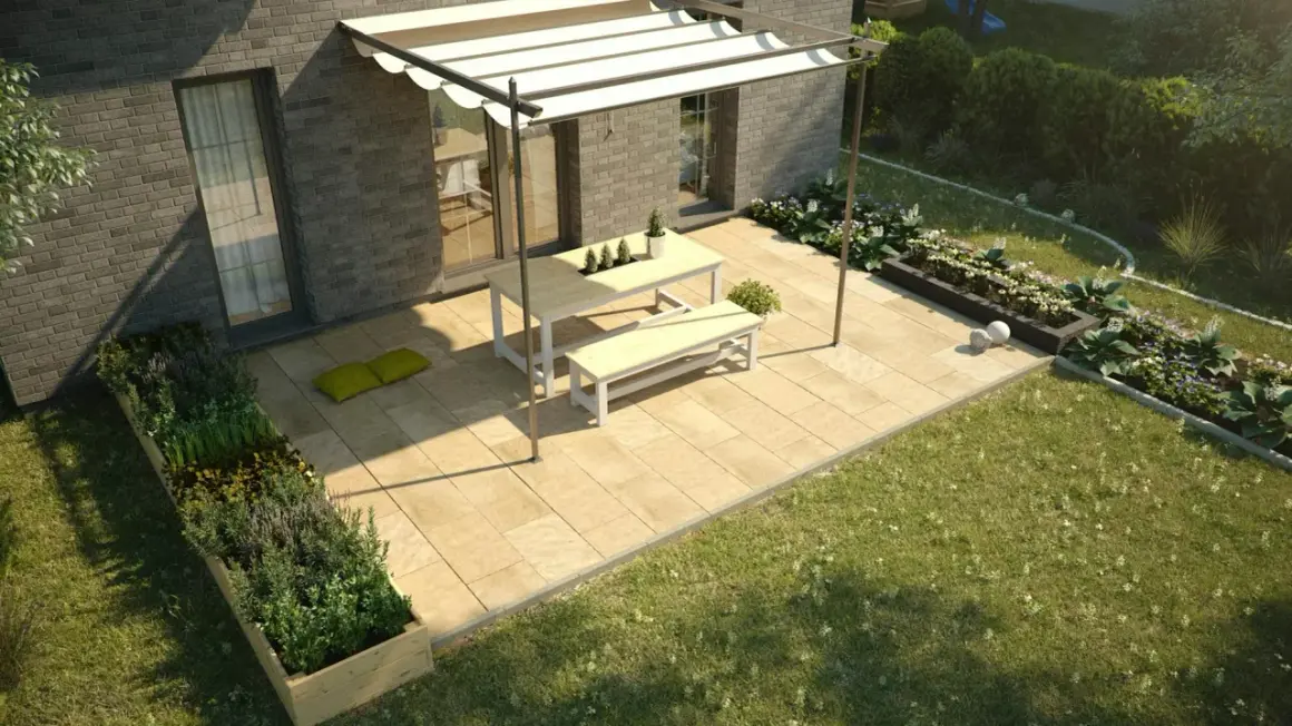 Moderne terasse gestalten mit Pergola, Tisch, Bank und Hochbeeten. Sonnige Oase mit Pflanzen und Rasen.