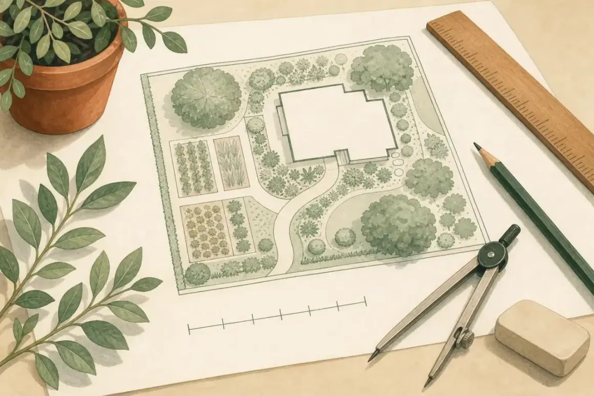Ein detaillierter Plan, um einen Garten zu zeichnen, mit Haus, Beeten, Bäumen und Wegen. Werkzeuge wie Zirkel, Bleistift und Lineal liegen bereit.
