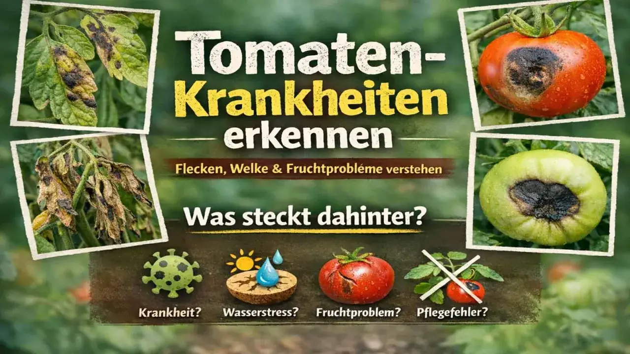 Tomatenkrankheiten erkennen: Flecken, Welke & Fruchtprobleme verstehen. Ursachen für kranke Tomatenfrucht: Krankheit, Wasserstress, Pflegefehler.