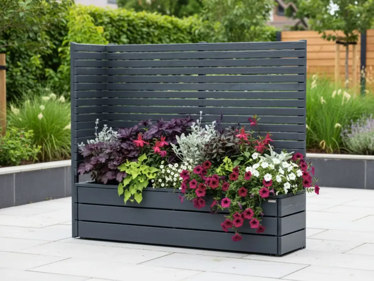 Eine moderne Hochbeet-Konstruktion mit Sichtschutz, ideal, um die terasse gestalten. Bepflanzt mit bunten Blumen und gr&uuml;nen Bl&auml;ttern.