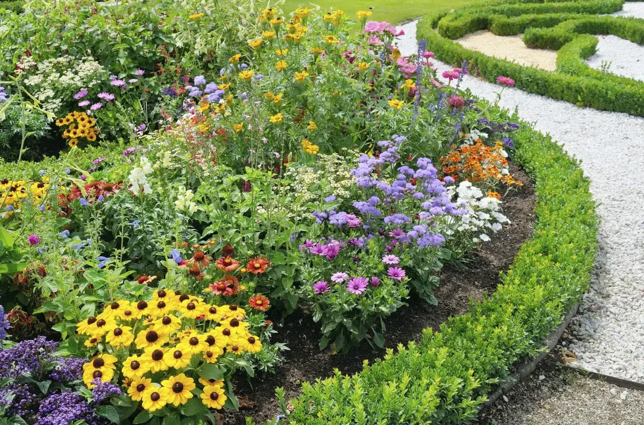 Bunter Blumenmix mit gelben Sonnenhut, lila und wei&szlig;en Bl&uuml;ten. Perfekt, wenn man &uuml;berlegt, was passt zu Hortensien.