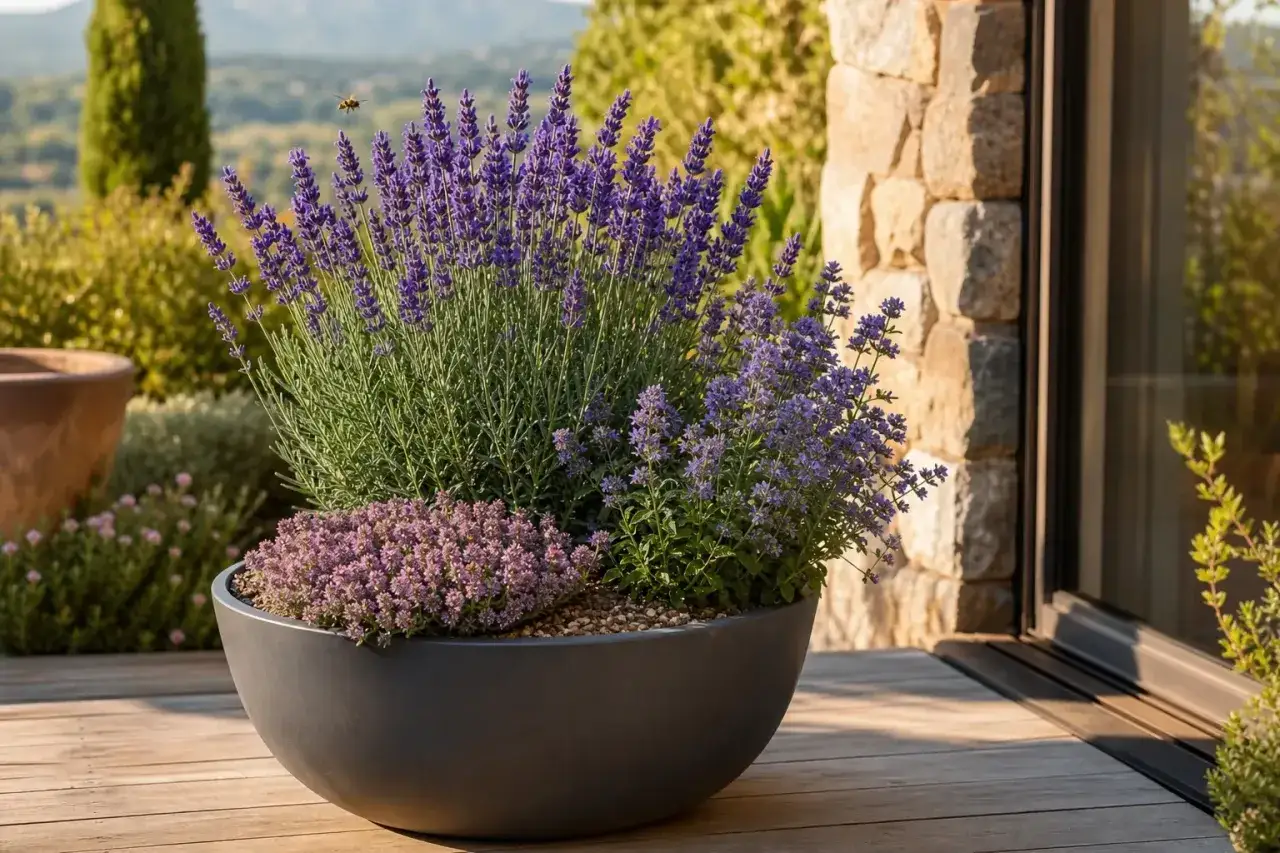 Ein &uuml;ppiger Lavendelstrauch in einem grauen K&uuml;bel, umgeben von kleineren lila Bl&uuml;ten. Die Lavendel Erde duftet herrlich in der Sonne. Eine Biene summt vorbei.