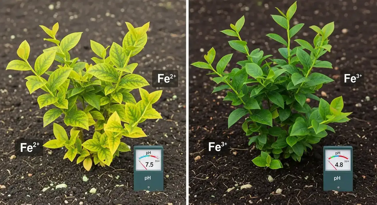 Zwei Heidelbeerpflanzen im Vergleich: Links gelb und krank bei hohem pH-Wert (7.5), rechts gr&uuml;n und gesund bei niedrigem pH-Wert (4.8). Der richtige heidelbeeren standort ist entscheidend.