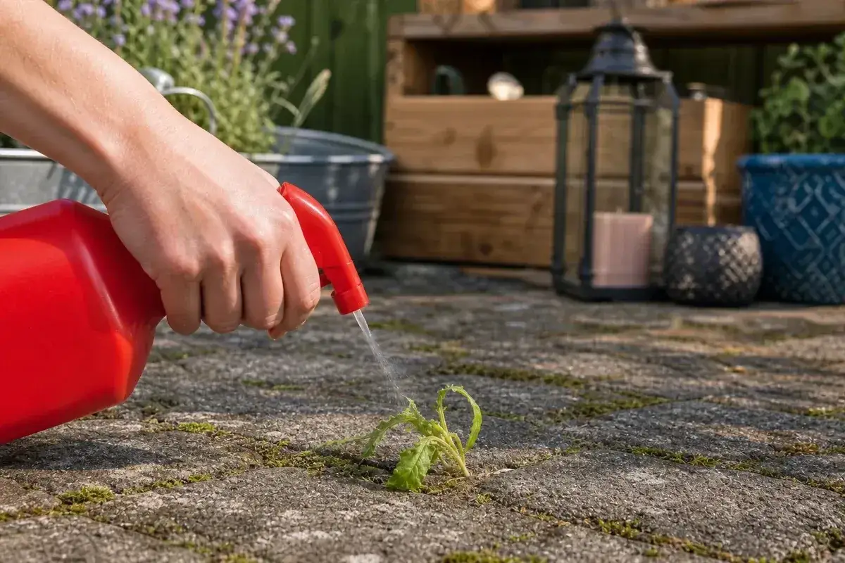 Hand spr&uuml;ht mit roter Spr&uuml;hflasche auf Unkraut. Eine nat&uuml;rliche Methode, um Unkrautvernichter selber zu machen, schont die Umwelt.