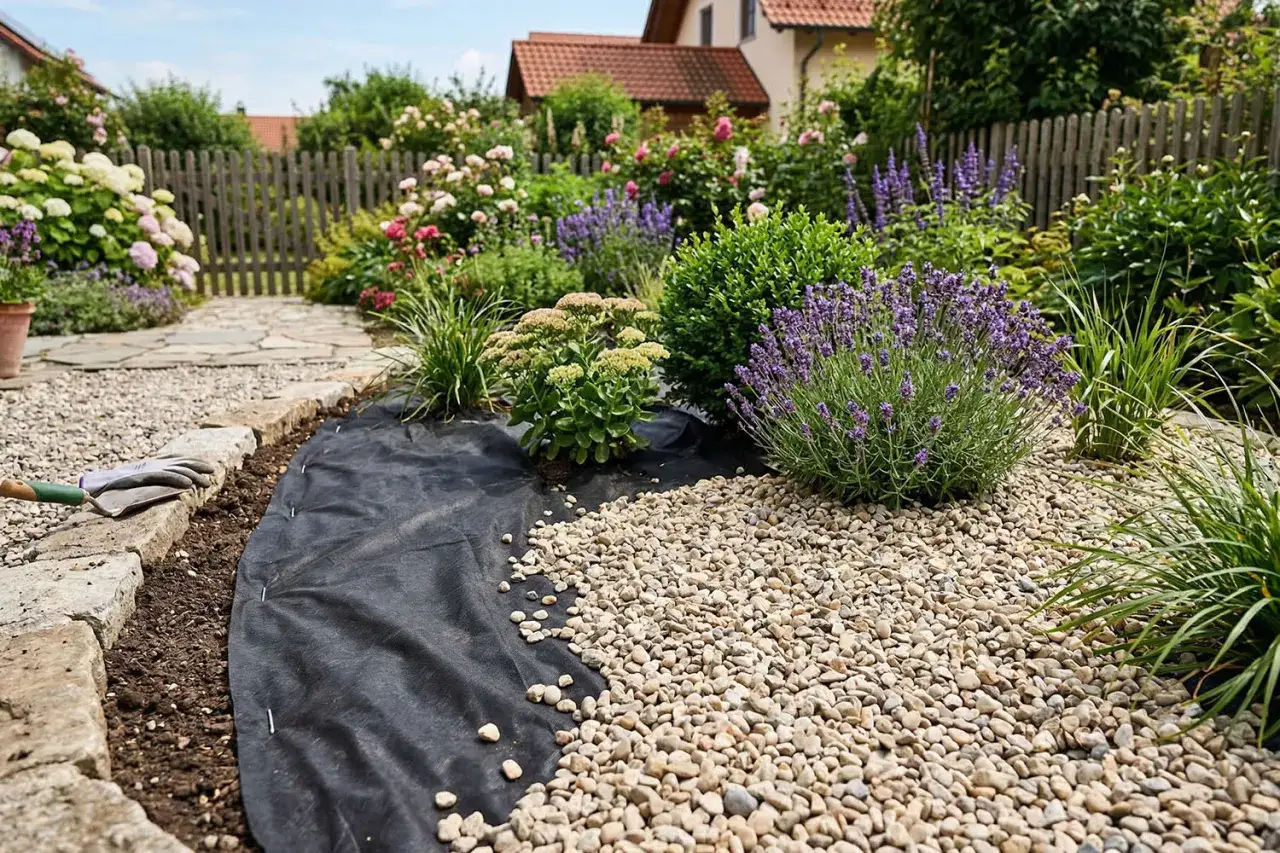 Gartenarbeit: Unkrautvlies verlegen f&uuml;r ein sauberes Beet mit Lavendel und Kies. Handschuhe und Spaten liegen bereit.
