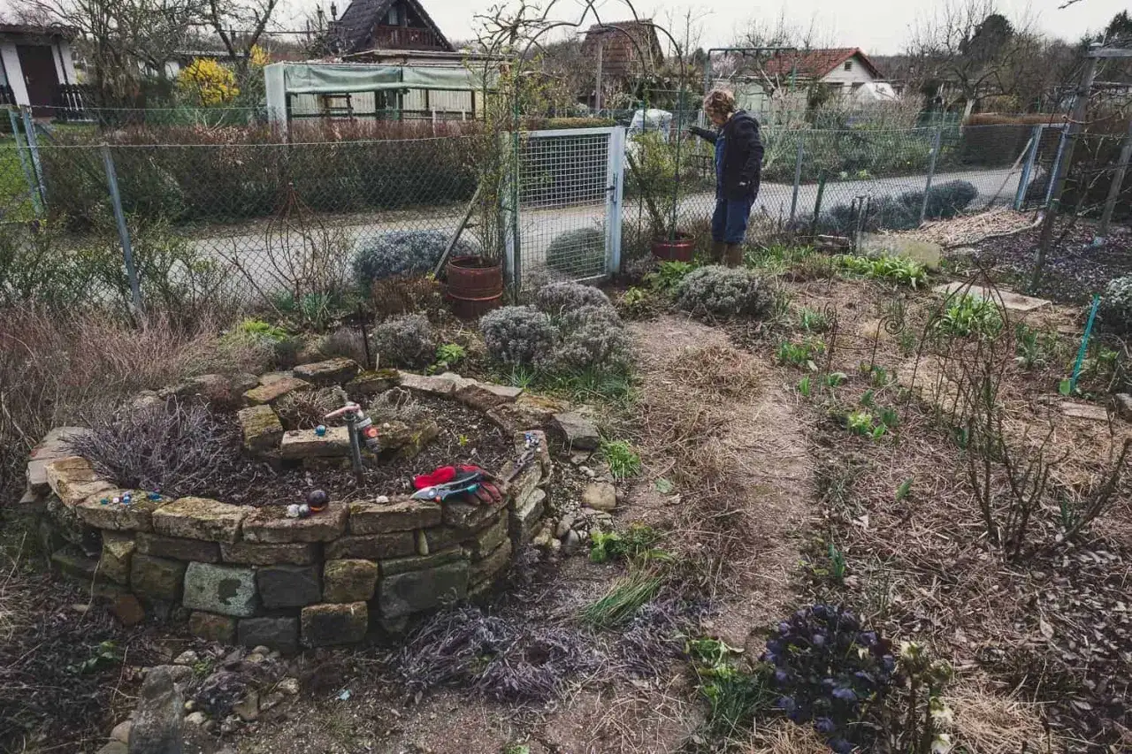 Frau im Garten, die Rindenmulch gegen Unkraut ausbringt. Ein Kräuterspirale ist im Vordergrund zu sehen.