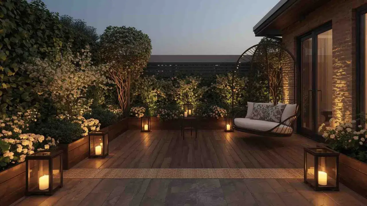 Romantische Terrassengestaltung mit H&auml;ngekorb, Kerzenlaternen und &uuml;ppiger Bepflanzung. Tolle Terrassen Ideen f&uuml;r laue Abende.