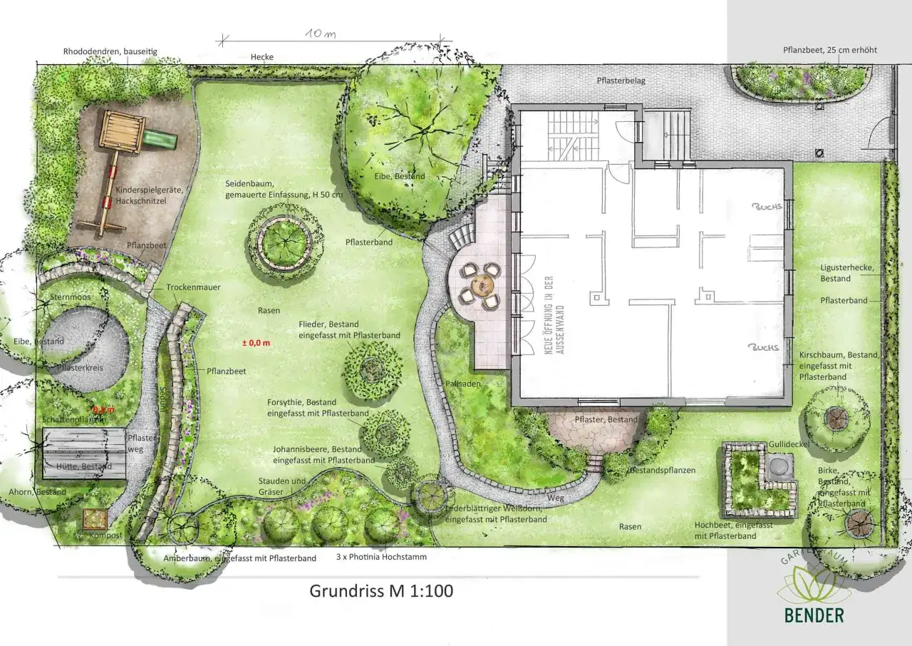 Detaillierter Garten zeichnen-Plan mit Spielger&auml;ten, Wegen, Beeten, B&auml;umen und einem Hausgrundriss.