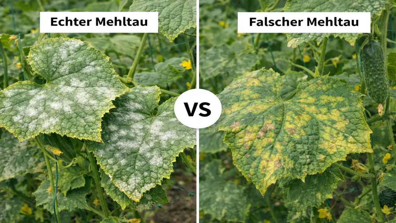 Vergleich von echtem und falschem Mehltau bei Gurken. Links: wei&szlig;e, pudrige Bel&auml;ge. Rechts: gelb-braune Flecken und Welke.