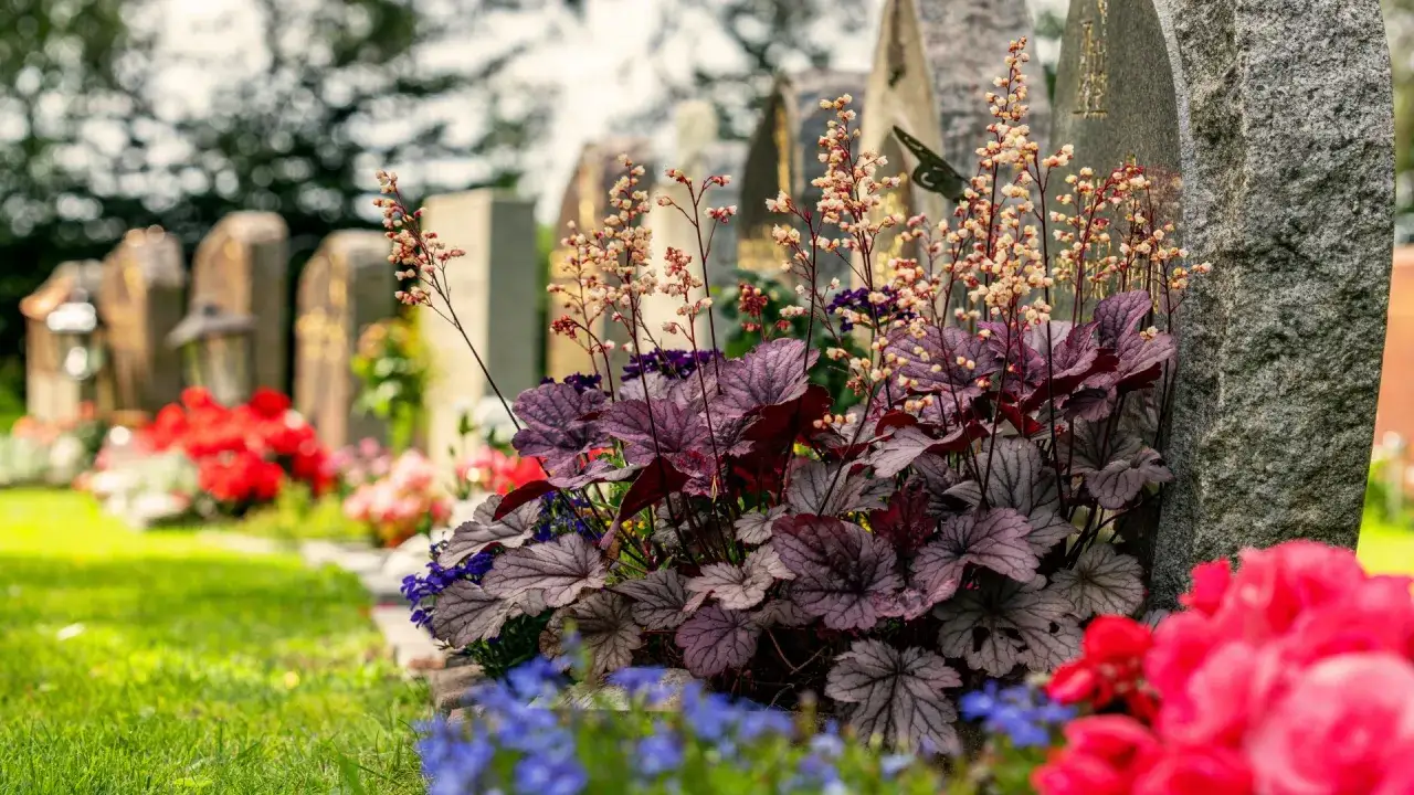 Grab bepflanzen mit purpurfarbenen Bl&auml;ttern und zarten Bl&uuml;ten vor Grabsteinen.