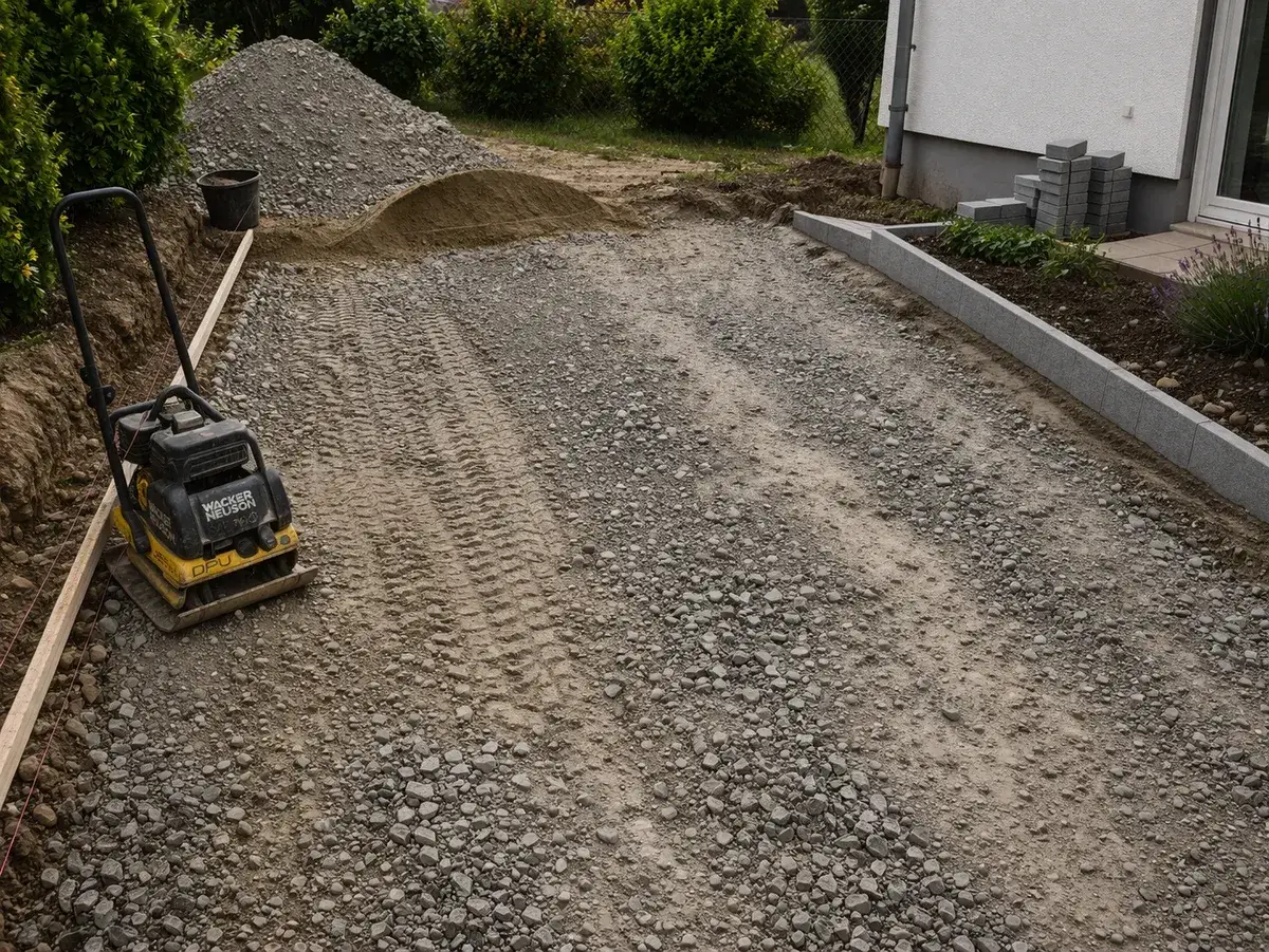 Bodenverdichtung f&uuml;r Pflasterarbeiten. Eine R&uuml;ttelplatte bereitet den Untergrund vor, um zu sehen, wieviel Schotter unter Pflaster n&ouml;tig ist.