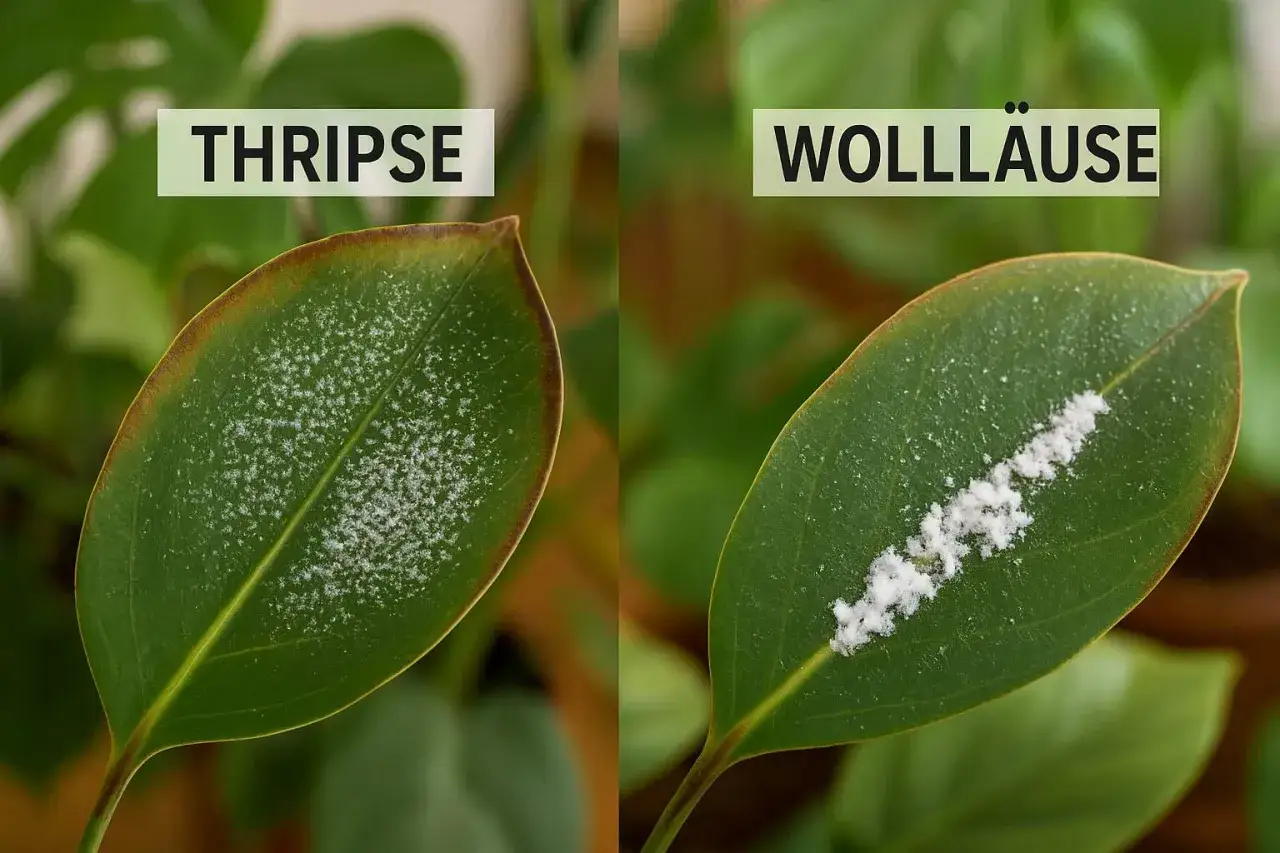 Zwei Blätter zeigen Schädlingsbefall: links Thripse, rechts Wolläuse. Hier ein Hausmittel gegen Thripse.