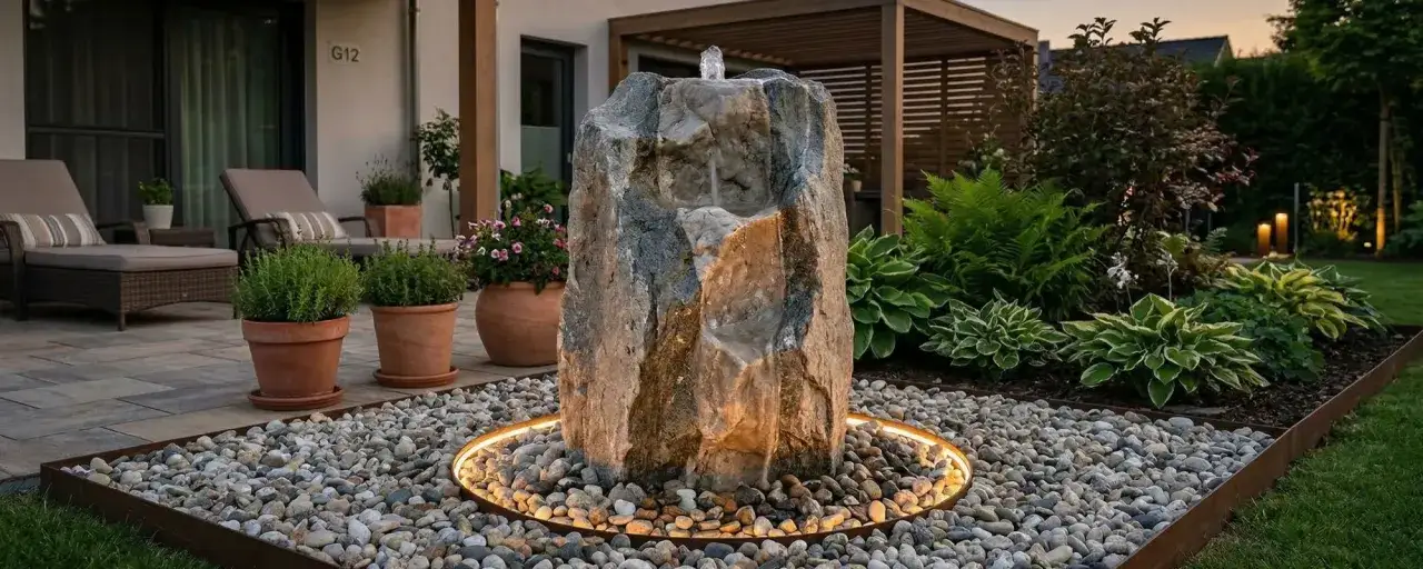 Moderne Quellstein Garten Ideen: Ein gro&szlig;er Stein mit Wasserfall, umgeben von Kies und Beleuchtung, schafft eine beruhigende Atmosph&auml;re.
