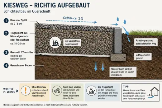 Kiesweg anlegen - Schichtaufbau, Kosten und Tipps