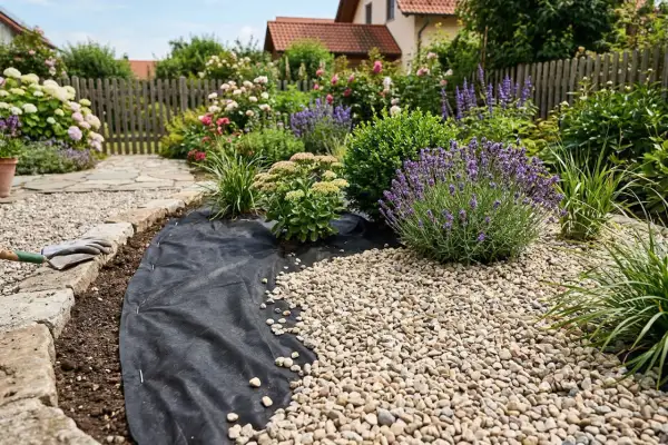 Gartenarbeit: Unkrautvlies verlegen, um Beete mit Kies zu bedecken und Pflanzen wie Lavendel zu schützen. Handschuhe und Spaten liegen bereit.