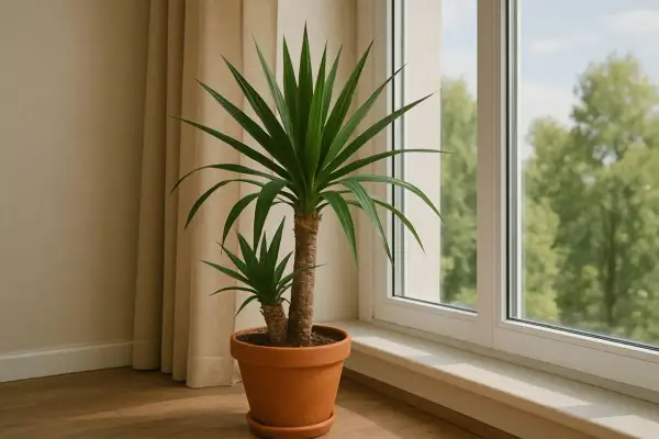 Zwei Yucca-Palmen in einem Terrakotta-Topf stehen am Fenster. Der ideale yucca palme standort ist hell und sonnig.
