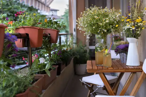 Balkonpflanzen im August blühen üppig. Ein Tisch mit erfrischenden Getränken und Blumenarrangements lädt zum Verweilen ein.