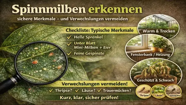 Spinnmilben erkennen: Helle Sprenkel, Mini-Milben & Eier unter dem Blatt, feine Gespinste. Vermeide Verwechslungen mit Thripsen, Läusen, Trauermücken.