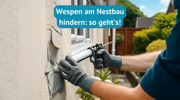 Person dichtet Risse am Haus ab, um Wespen am Nestbau zu hindern.