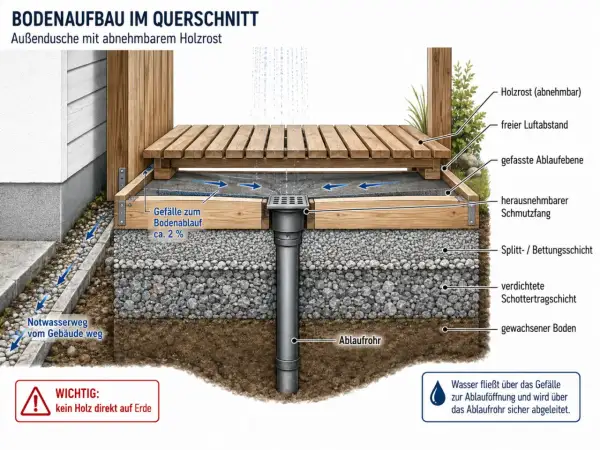 Schnittzeichnung einer Gartendusche: Holzrost, Ablauf, Schichtenaufbau für den Bau einer Gartendusche.
