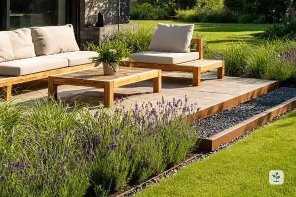 Moderne terrassenumrandung ideen mit Cortenstahl und Kies. Holzmöbel und Lavendel schaffen eine einladende Atmosphäre.