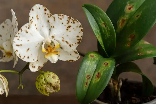 Weiße Orchideenblüte mit braunen Flecken, die auf Orchideen Krankheiten hindeuten. Blätter zeigen ebenfalls braune, nekrotische Stellen.