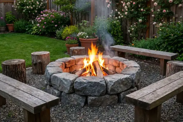 Gemütliche Feuerstelle bauen: Ein Steinring mit loderndem Feuer, umgeben von Holzstämmen und Bänken, lädt zum Verweilen ein.